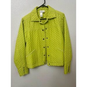 Coldwater Creek Quilted 100% Silk Green Button Front Split Cuff Jacket Size PM